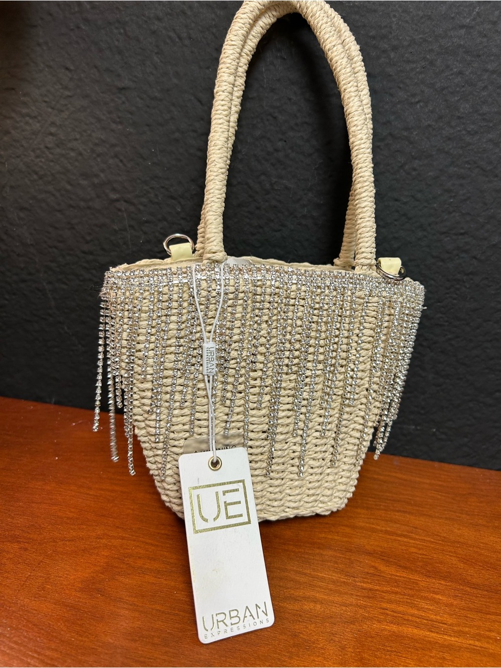 Urban Expressions Cottagecore Woven Straw Tote‎ with Rhinestone Fringe NWT